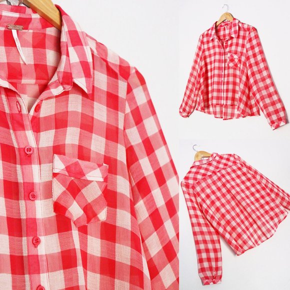 Free People Red Gingham Plaid Semi Sheer Flowy Button Front Shirt Size S Airy - Picture 12 of 15
